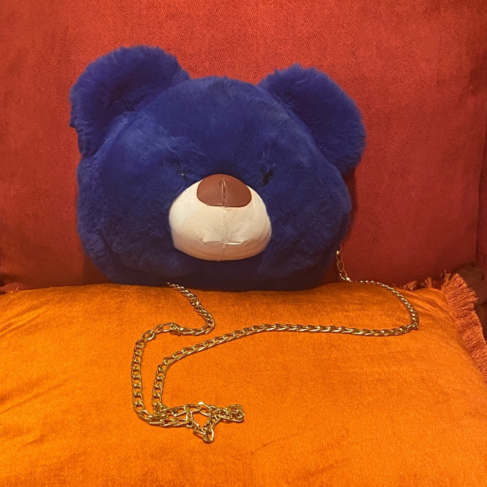 Killstar Blue Plush Bear Crossbody Bag with Gold Chain